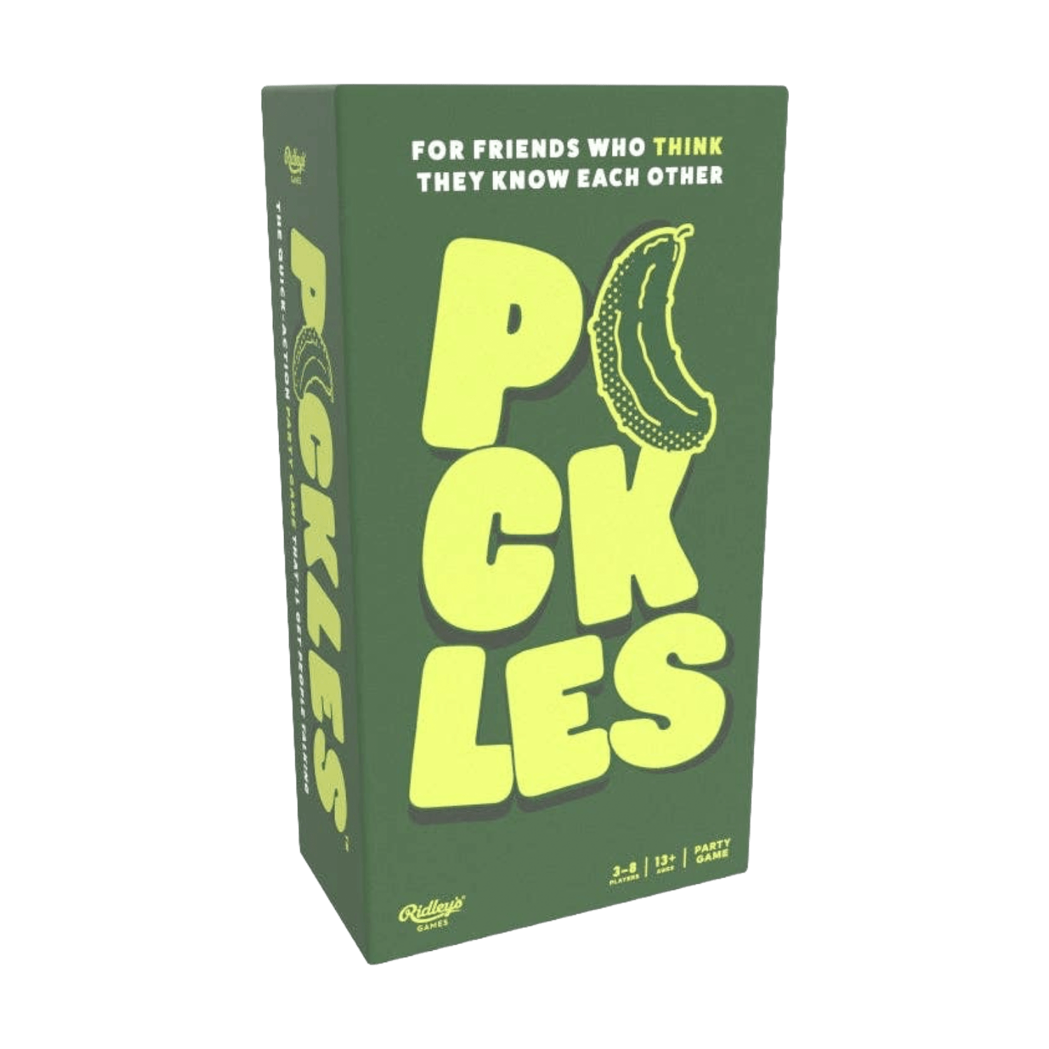 Green box with yellow text and pickle illustration