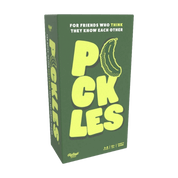 Green box with yellow text and pickle illustration