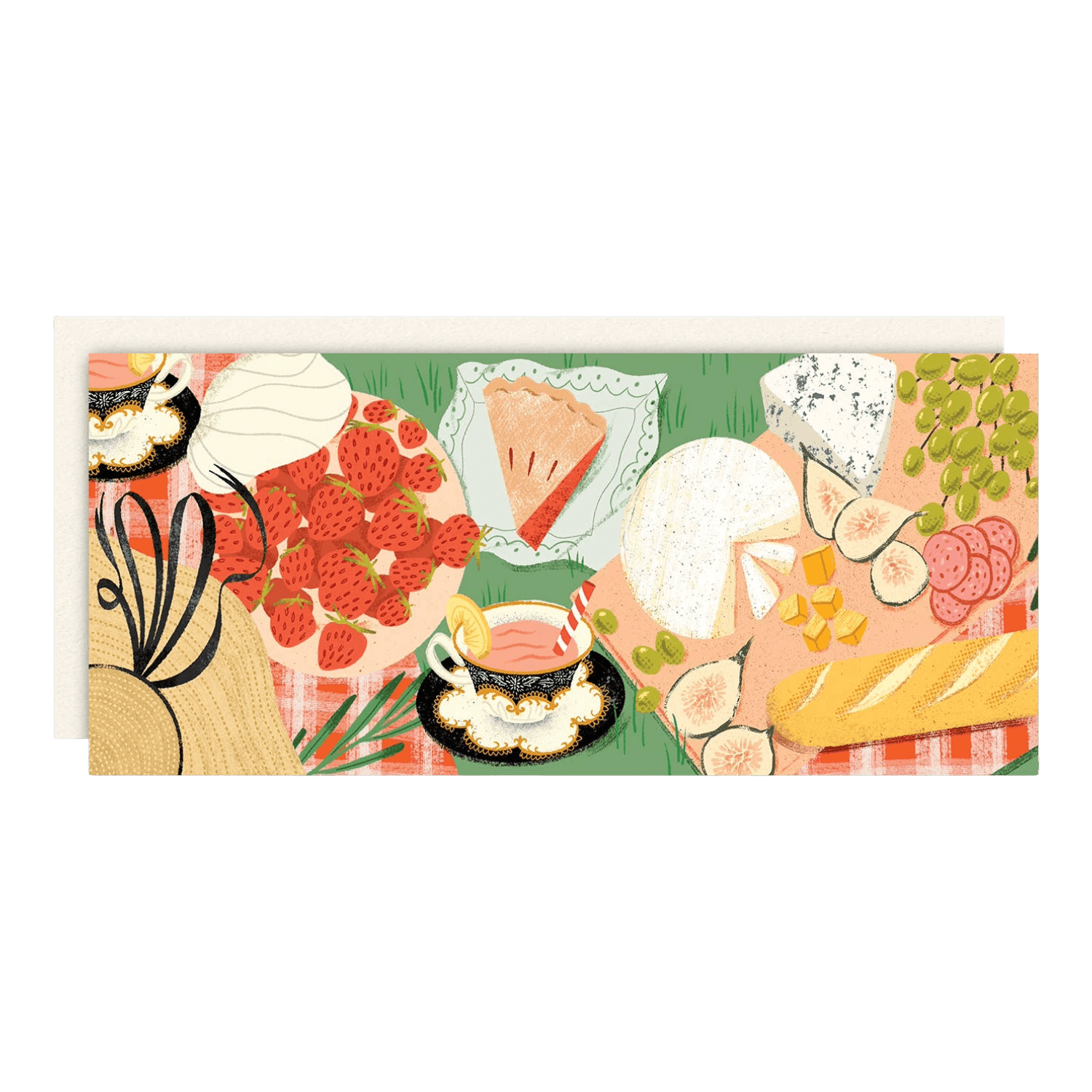 Greeting card featuring an Illustration of a picnic with various food items and a red blanket on a green grass.