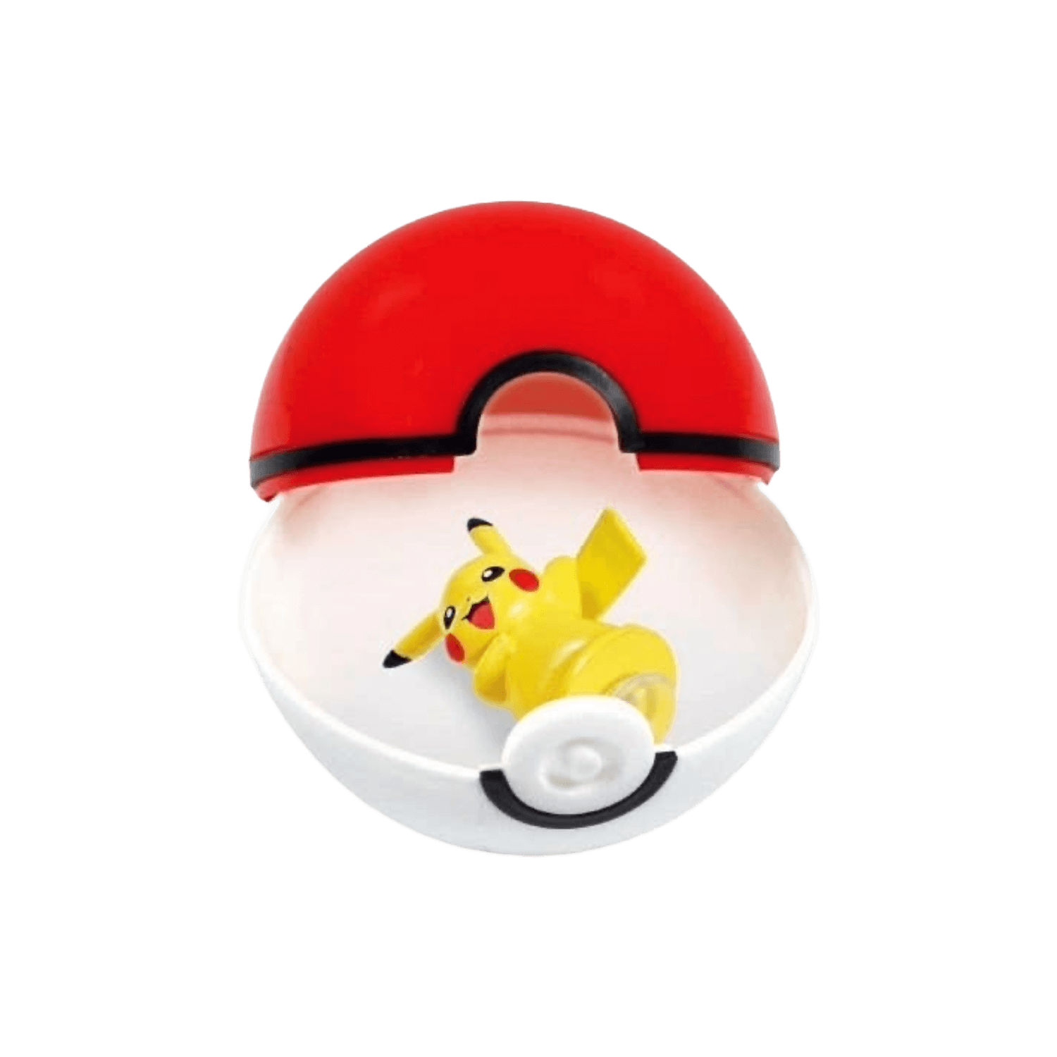 A small Pikachu figurine lying inside an open red and white Pokéball-style container on a plain white background.