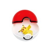A small Pikachu figurine lying inside an open red and white Pokéball-style container on a plain white background.