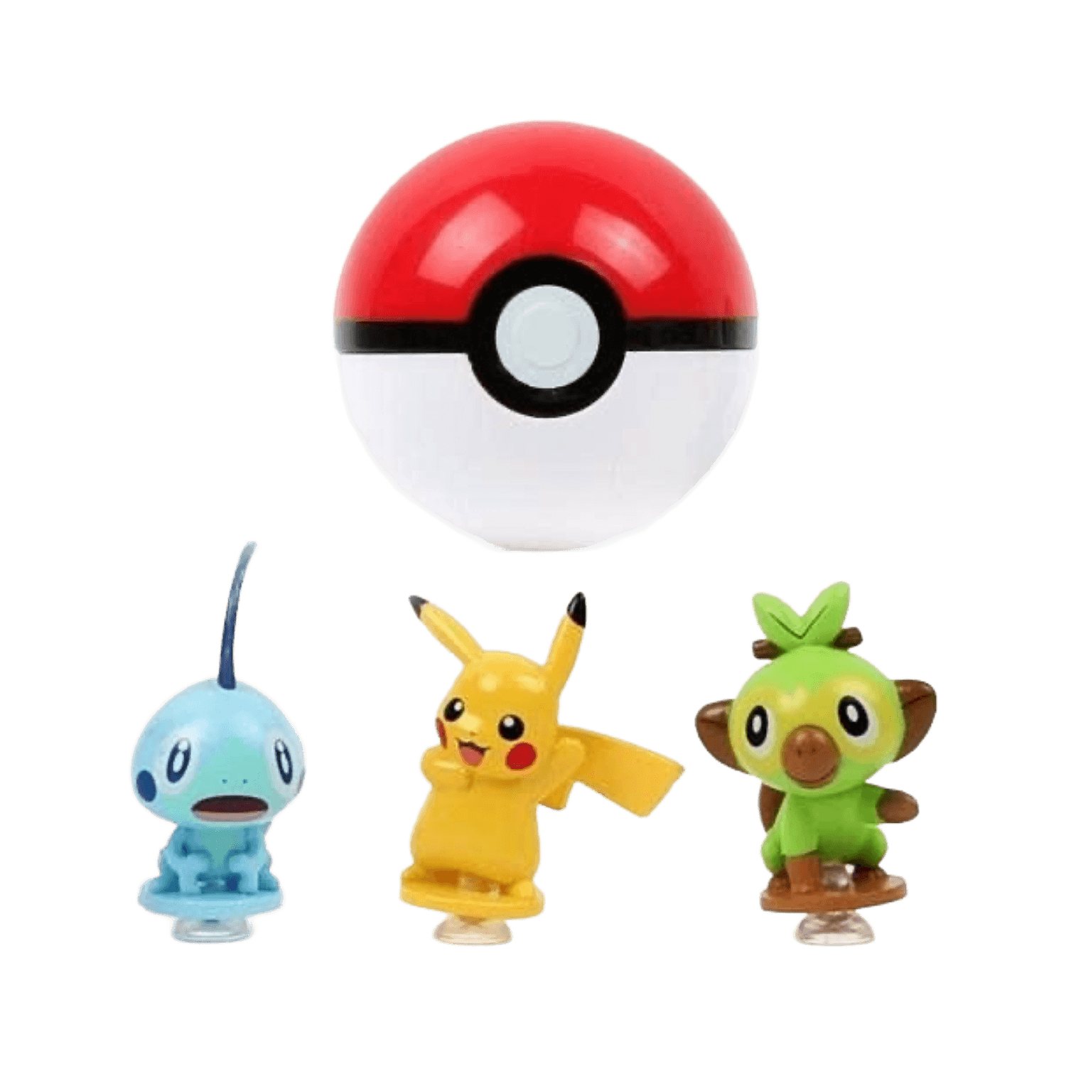 Three small Pokémon character figurines and a large Pokéball floating above them on a plain white background. The characters appear to be a blue Chansey, a yellow Pikachu, and a green Toppo.