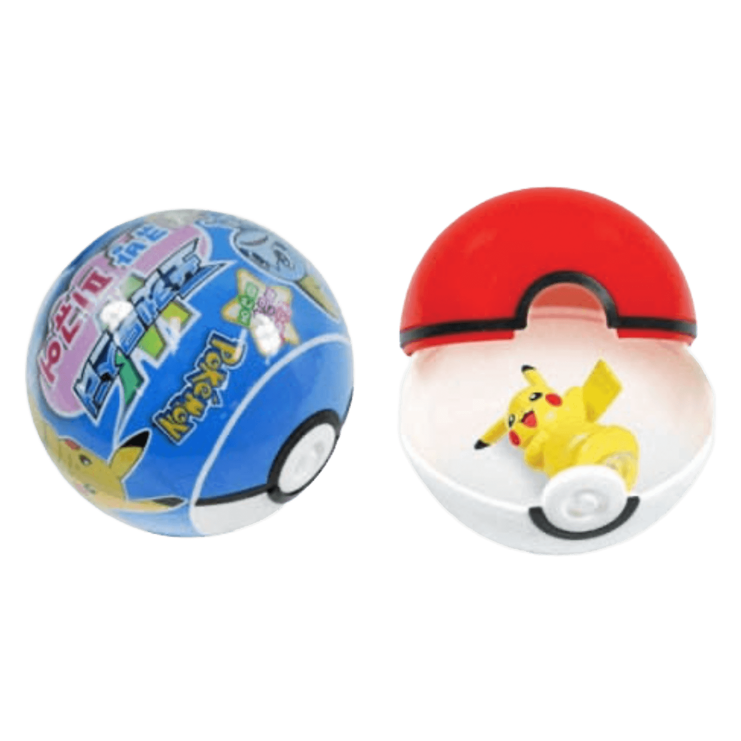 A Pokémon-themed toy ball and its opened red-and-white capsule containing a small Pikachu figure, shown on a plain white background.