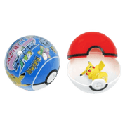 A Pokémon-themed toy ball and its opened red-and-white capsule containing a small Pikachu figure, shown on a plain white background.