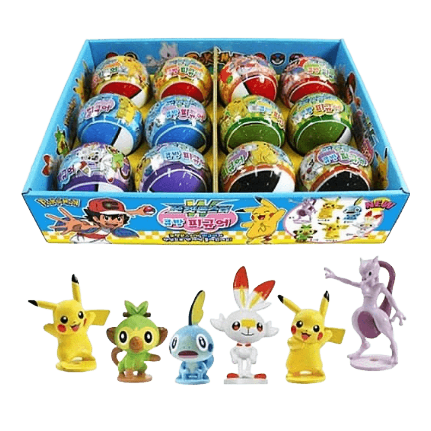 A box of Pokémon surprise egg mystery toys with several colorful eggs visible inside, plus five small character figurines displayed in front on a white background.