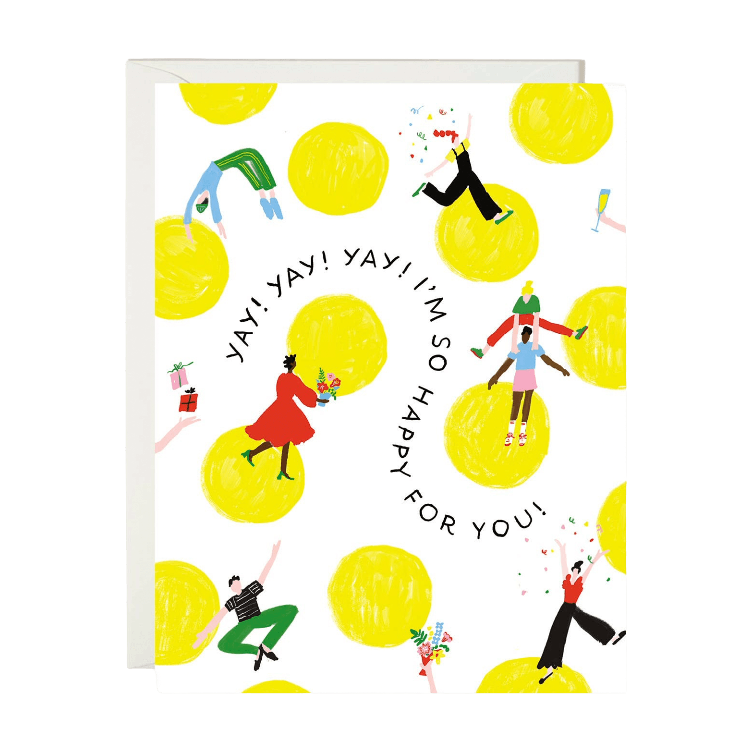 Greeting card with yellow circles and people celebrating, featuring the text 'Yay! Yay! Yay! I'm so happy for you!' on a white background.