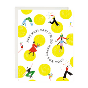 Greeting card with yellow circles and people celebrating, featuring the text 'Yay! Yay! Yay! I'm so happy for you!' on a white background.