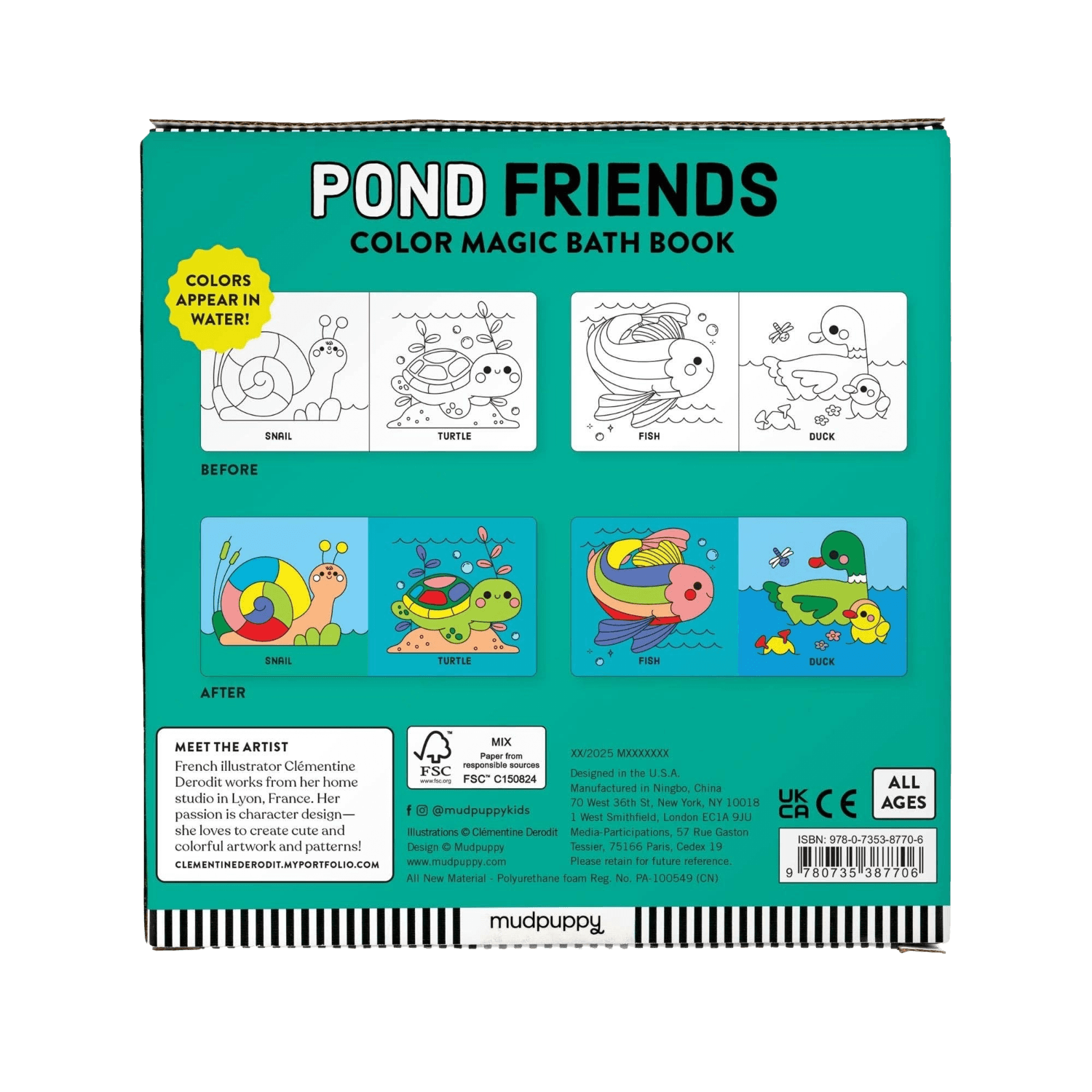Color magic bath book titled 'Pond Friends' by Mudpuppy with illustrations of animals and color-changing text.