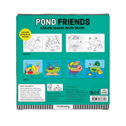 Color magic bath book titled 'Pond Friends' by Mudpuppy with illustrations of animals and color-changing text.