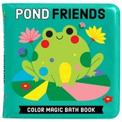 Colorful children's bath book titled 'Pond Friends' with a frog illustration on a teal background.