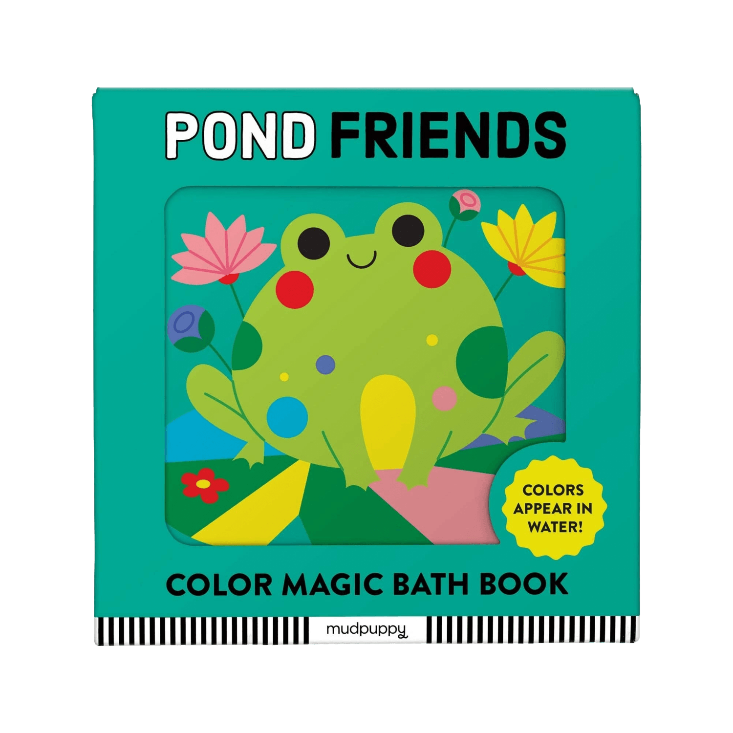 Color magic bath book titled 'Pond Friends' with a frog illustration on a teal background.