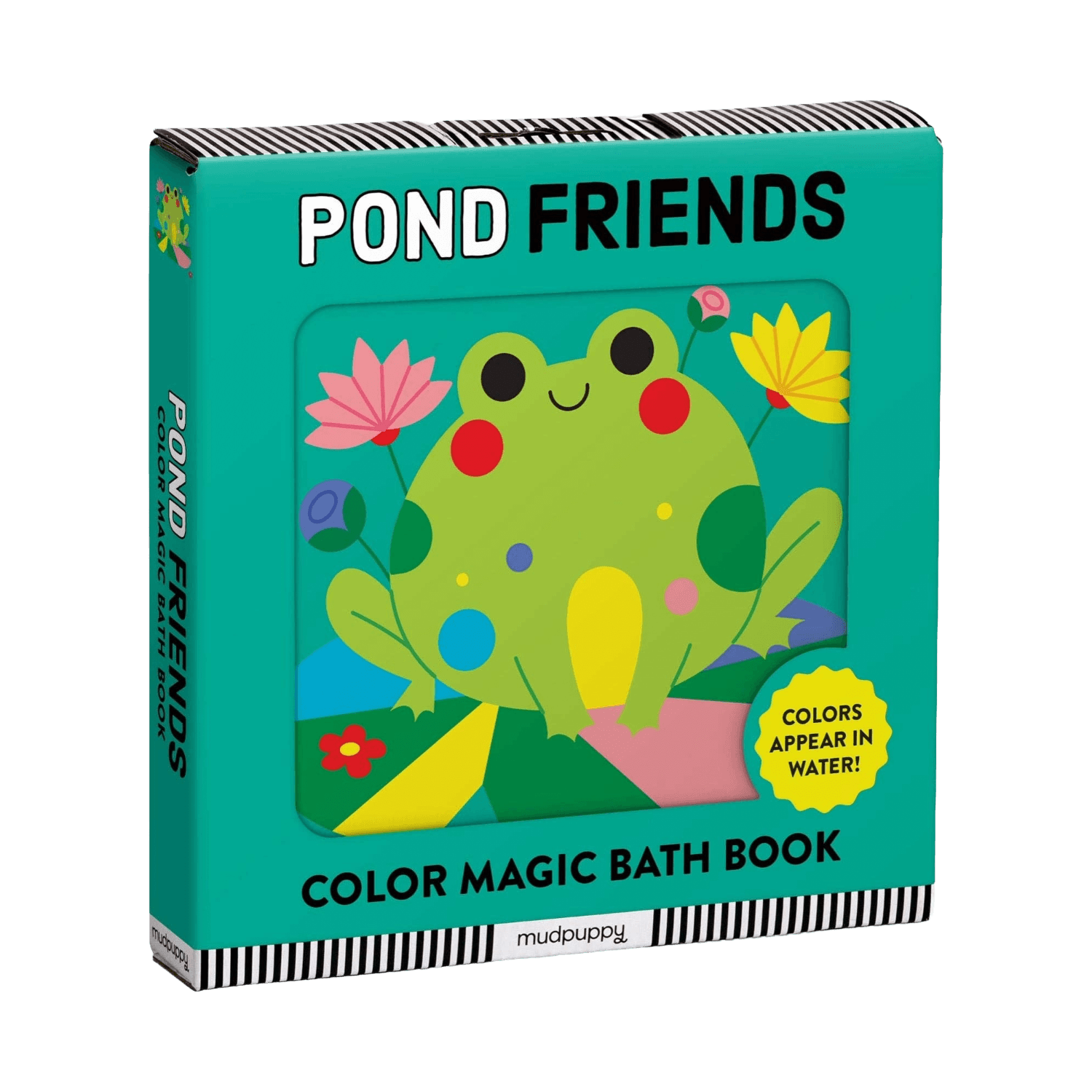 Color magic bath book for children with a frog illustration on a black background