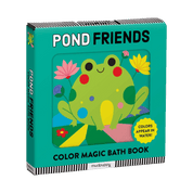 Color magic bath book for children with a frog illustration on a black background