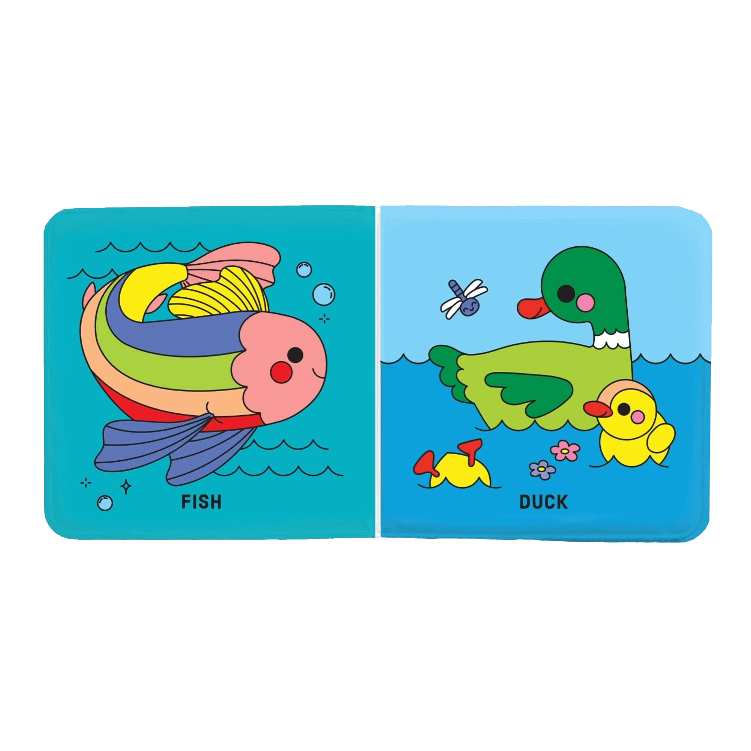 Children's book with illustrations of a fish and a duck on a blue background