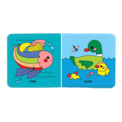 Children's book with illustrations of a fish and a duck on a blue background