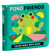 Colorful children's bath book titled 'Pond Friends' with a frog illustration on a teal background.
