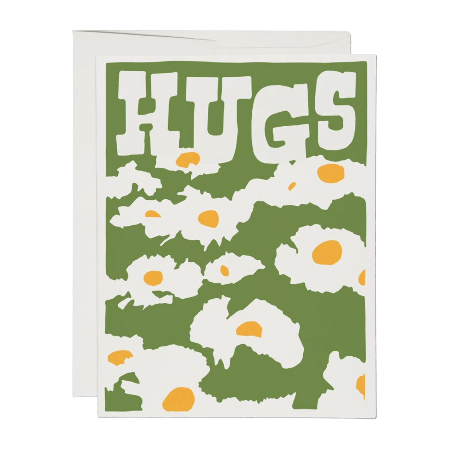 Card with floral design and 'HUGS' text on a green background