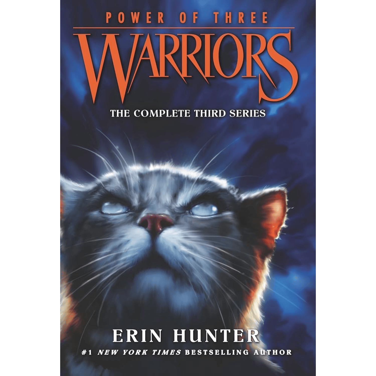 Book cover of 'Warriors: The Complete Third Series' by Erin Hunter featuring a white cat's face with a blue background.
