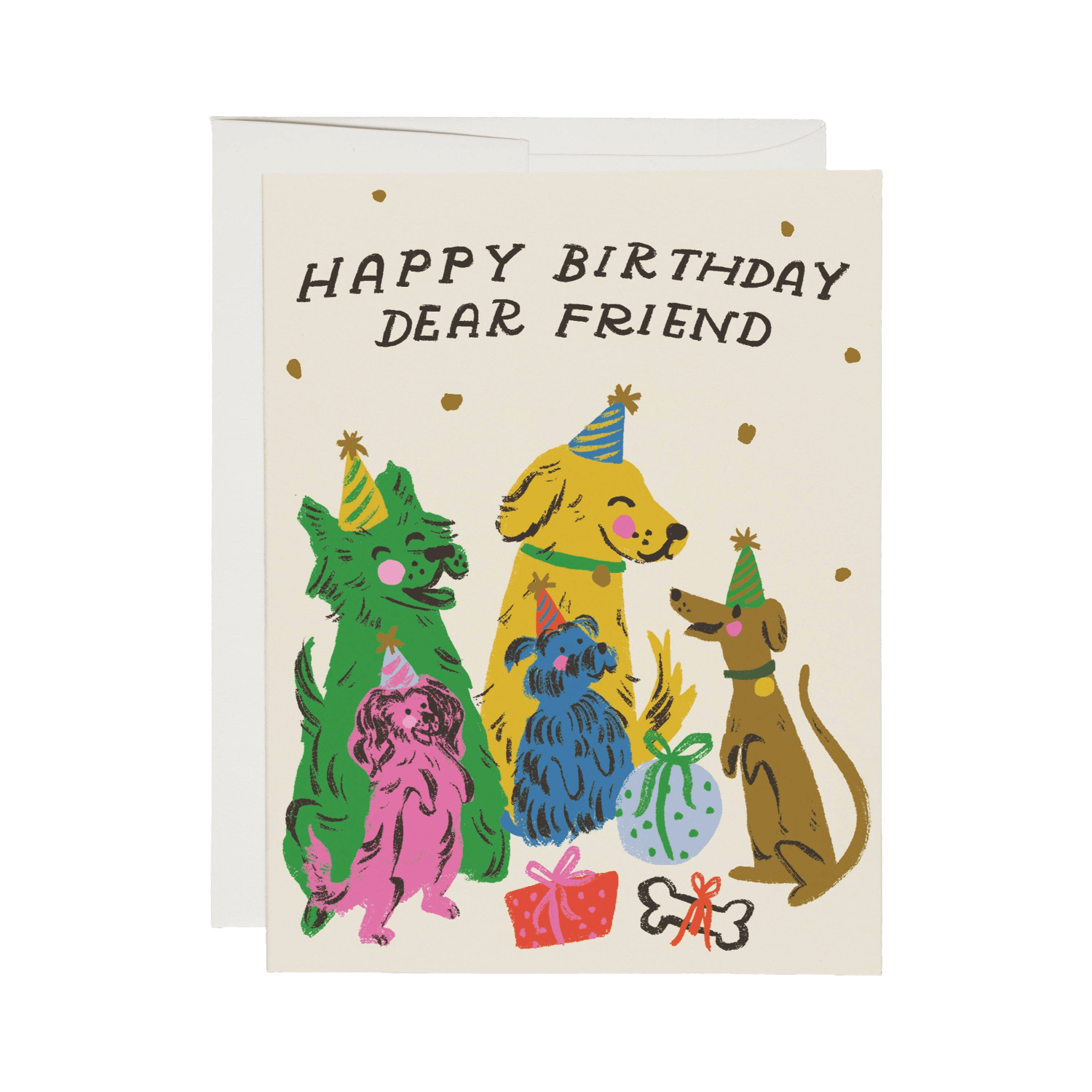 Birthday card with colorful dogs wearing party hats and presents on a beige background