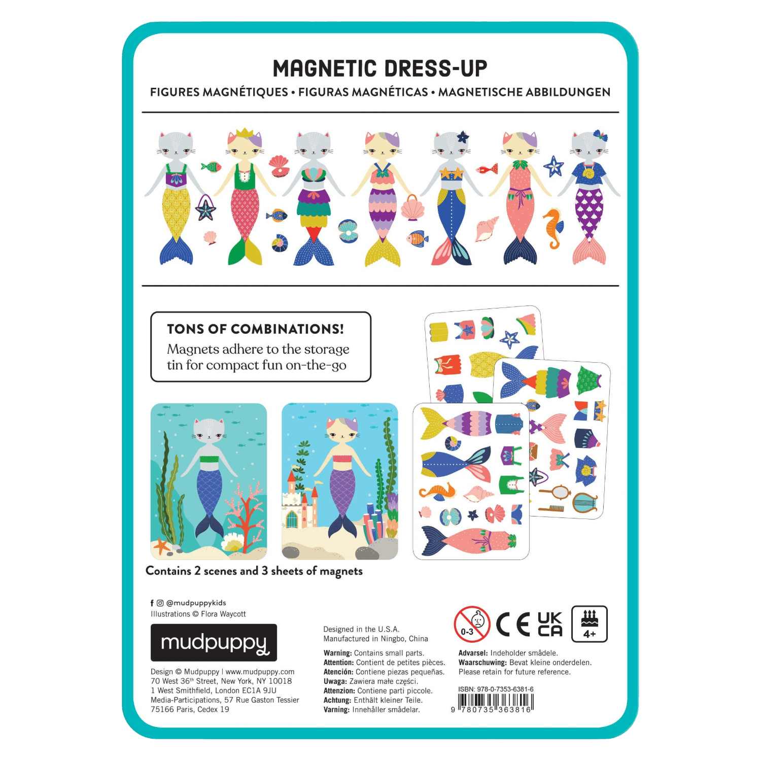 Magnetic dress-up set packaging with mermaid figures and storage tin illustration on a white background.