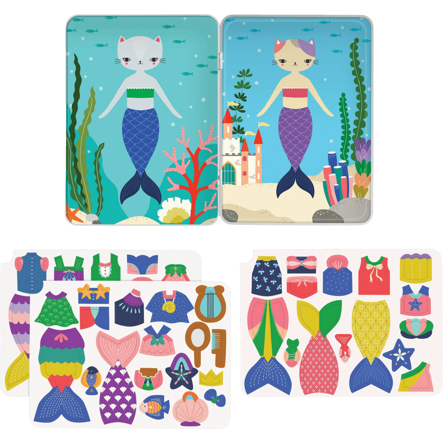 Set of mermaid-themed cards and stickers with colorful designs.