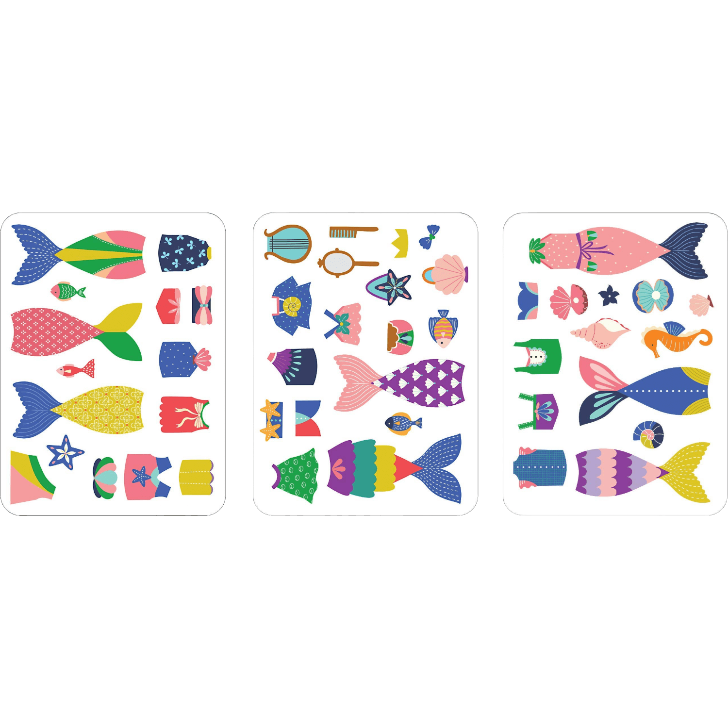 Three cards with colorful fish illustrations.