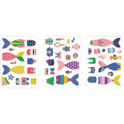 Three cards with colorful fish illustrations.