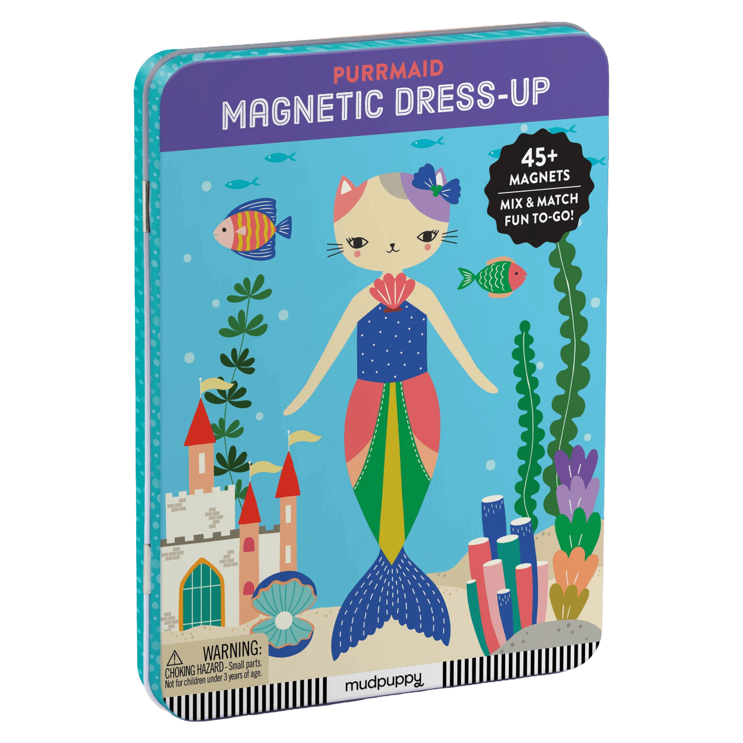 Magnetic dress-up set packaging with mermaid illustration on a blue background