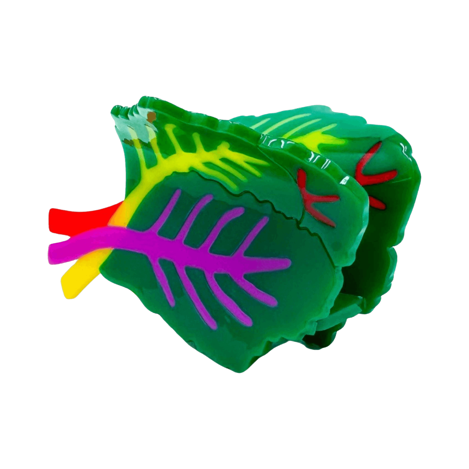 Colorful leaf-shaped object with green, yellow, red, and purple