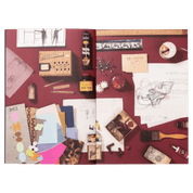 Book pages of collage of art supplies and materials on a red background