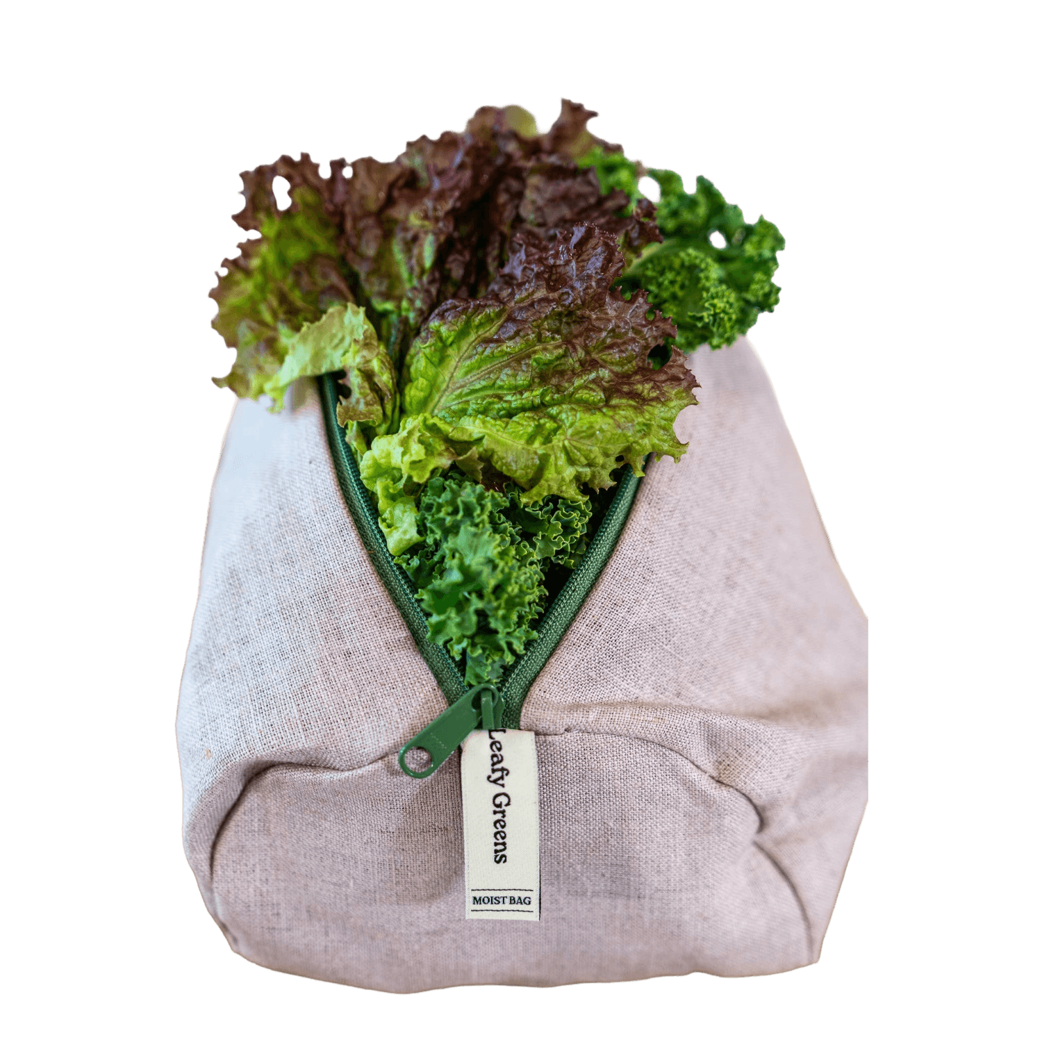 Fabric produce bag with green leafy vegetables.