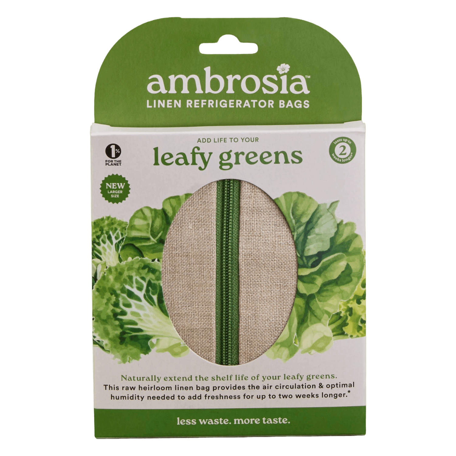 Ambrosia linen refrigerator bags packaging for leafy greens.