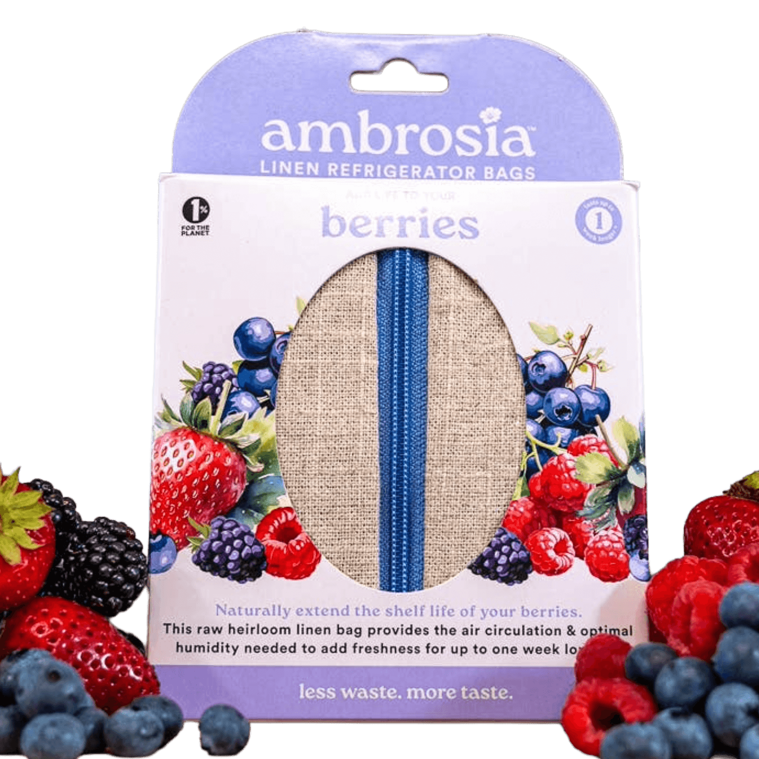 Ambrosia berries linen refrigerator bag packaging with blueberries, strawberries, and raspberries.