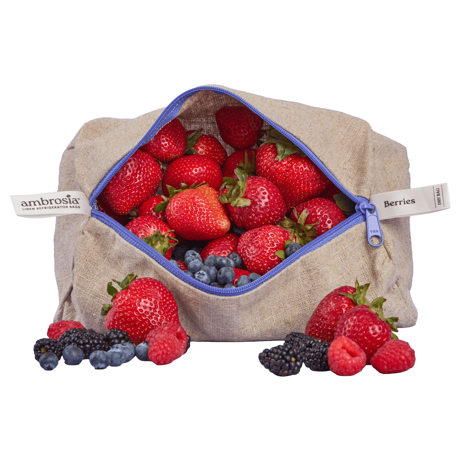 Beige linen reusable produce bag filled with strawberries and blueberries, with 'ambrosia' branding.
