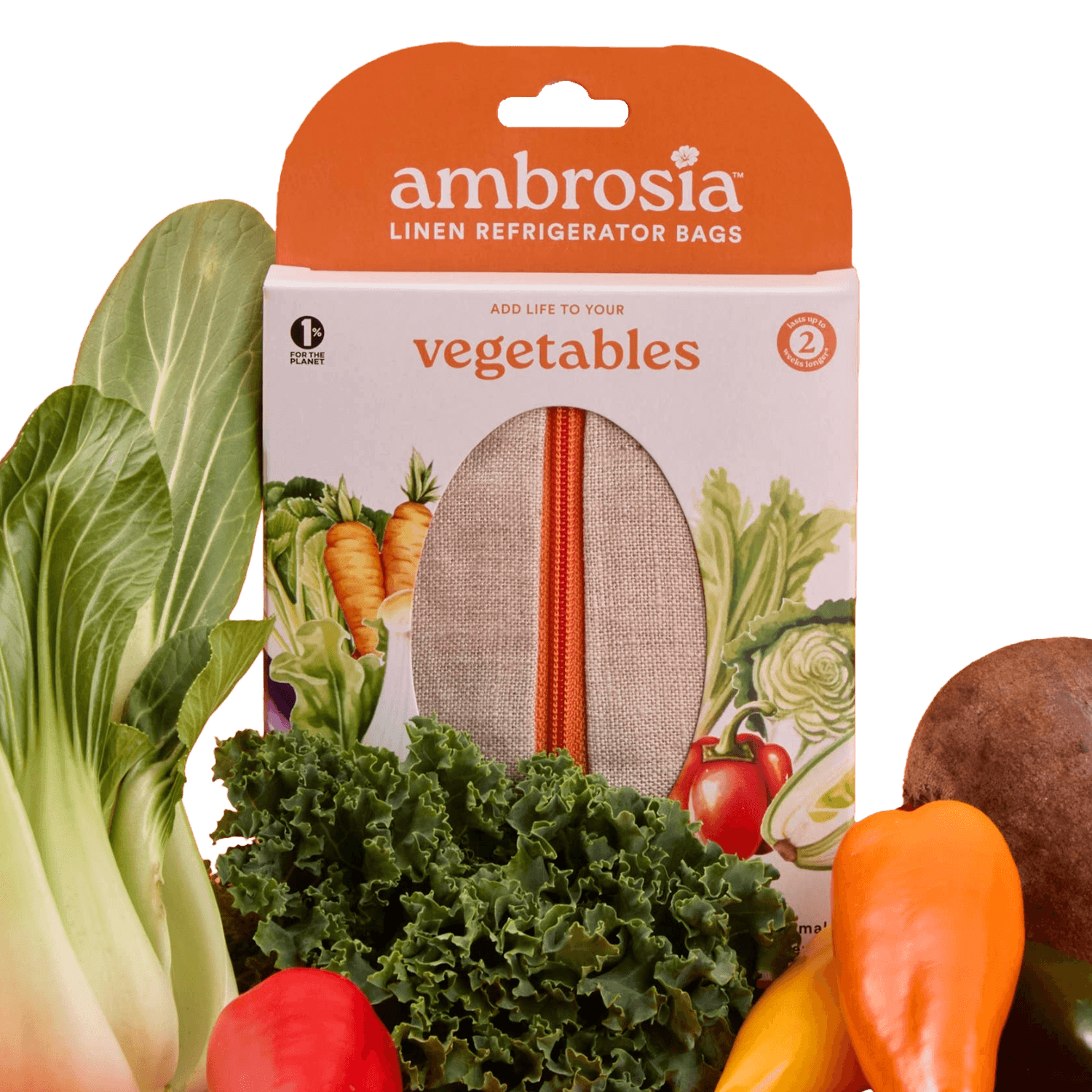 Ambrosia linen refrigerator bags packaging with fresh vegetables around it