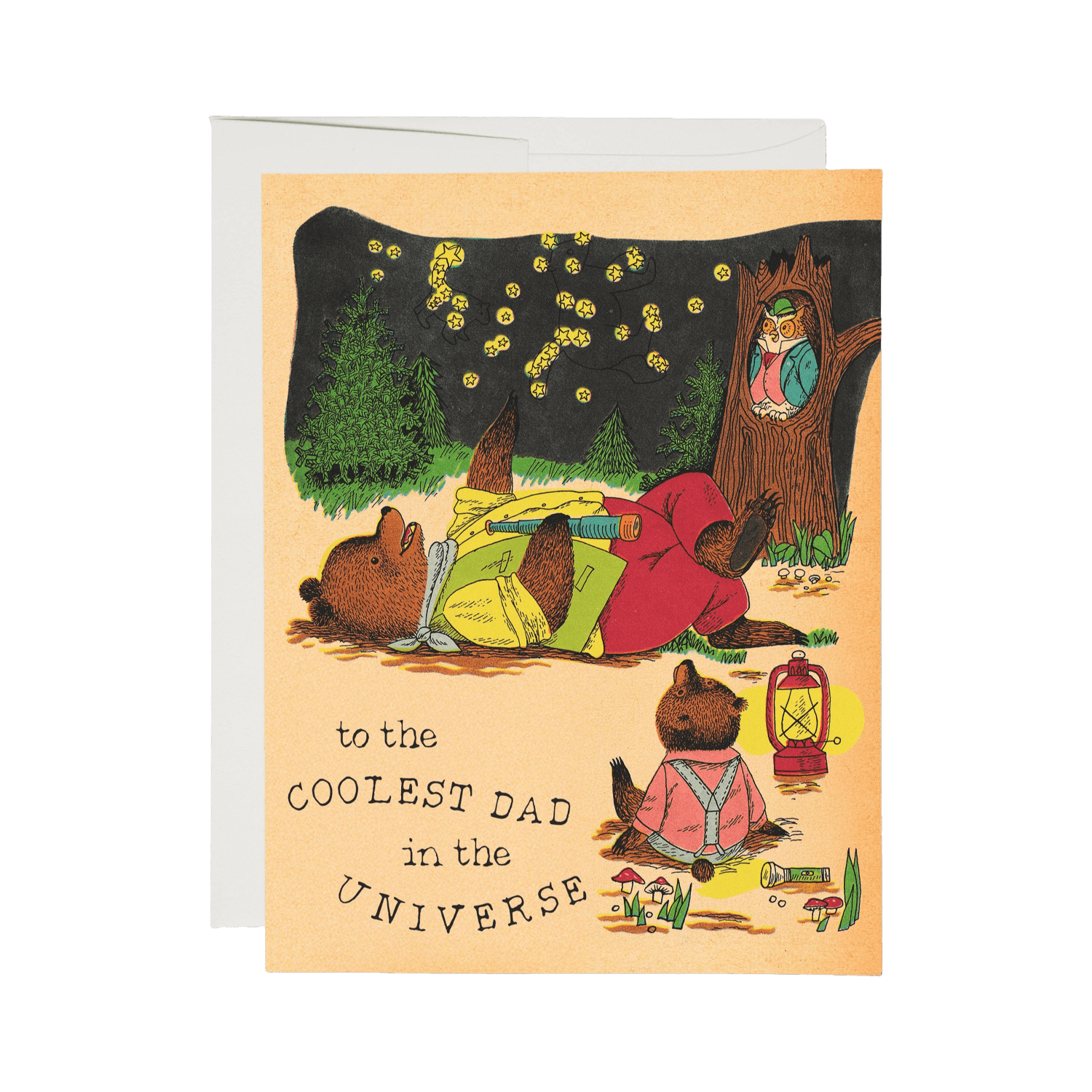 Greeting card with illustration of bears in a forest and text 'to the COOLEST DAD in the UNIVERSE'.