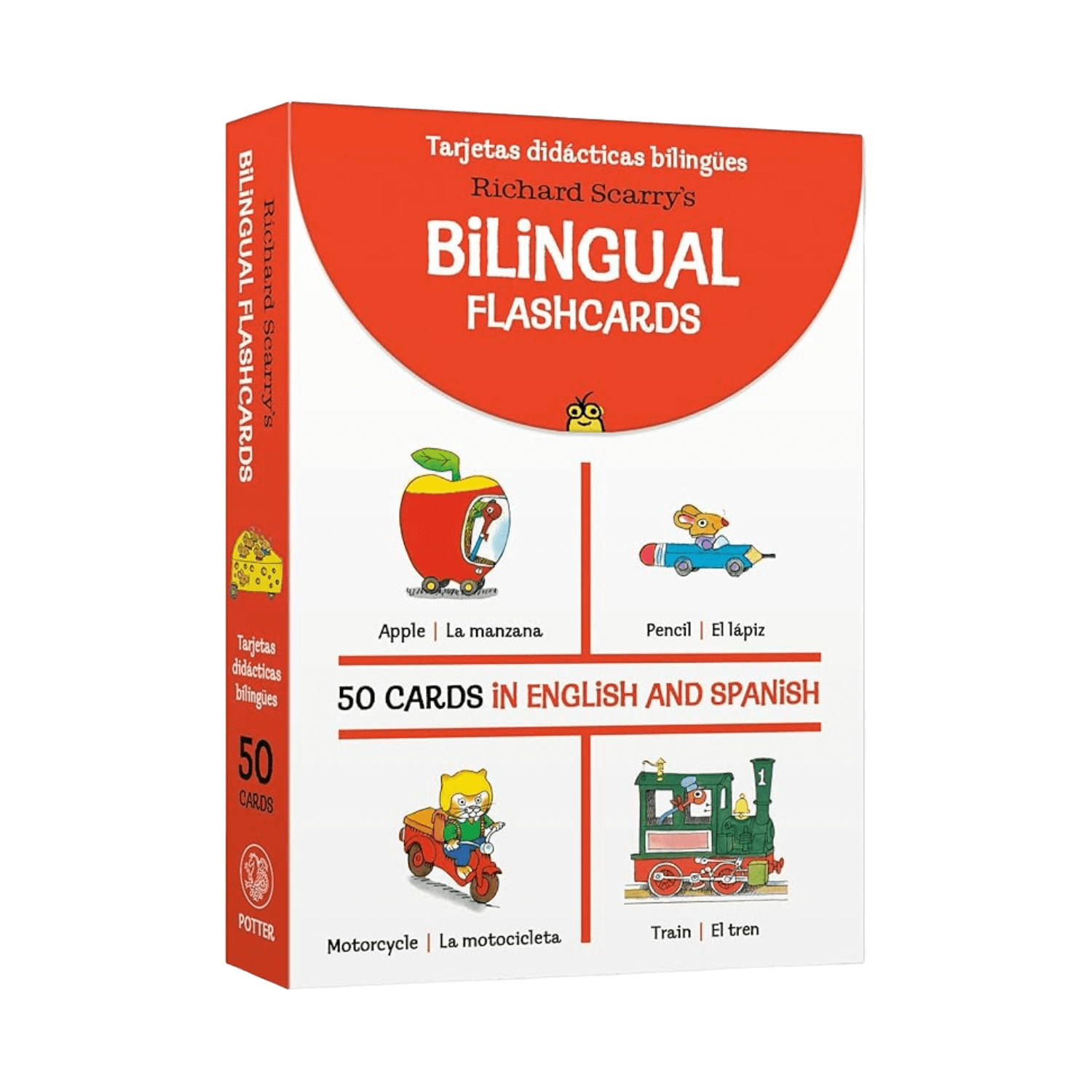 A boxed set of Richard Scarry's BiLingual Flashcards, featuring a white and bright red package with sample illustrations of an apple, pencil, motorcycle, and train, and text stating 50 cards in English and Spanish.
