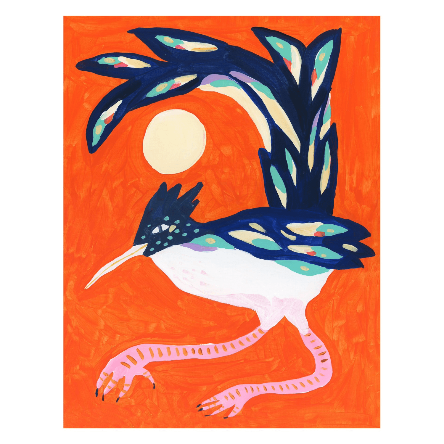 Colorful artwork of a roadrunner bird with the sun on an orange background