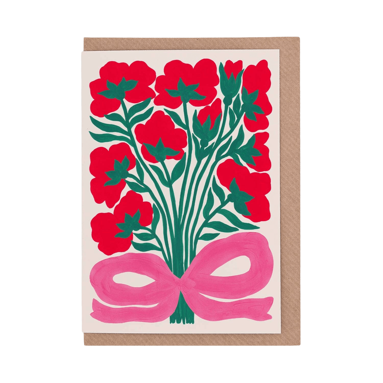 Card with red roses and a pink bow on a white background and brown envelope.