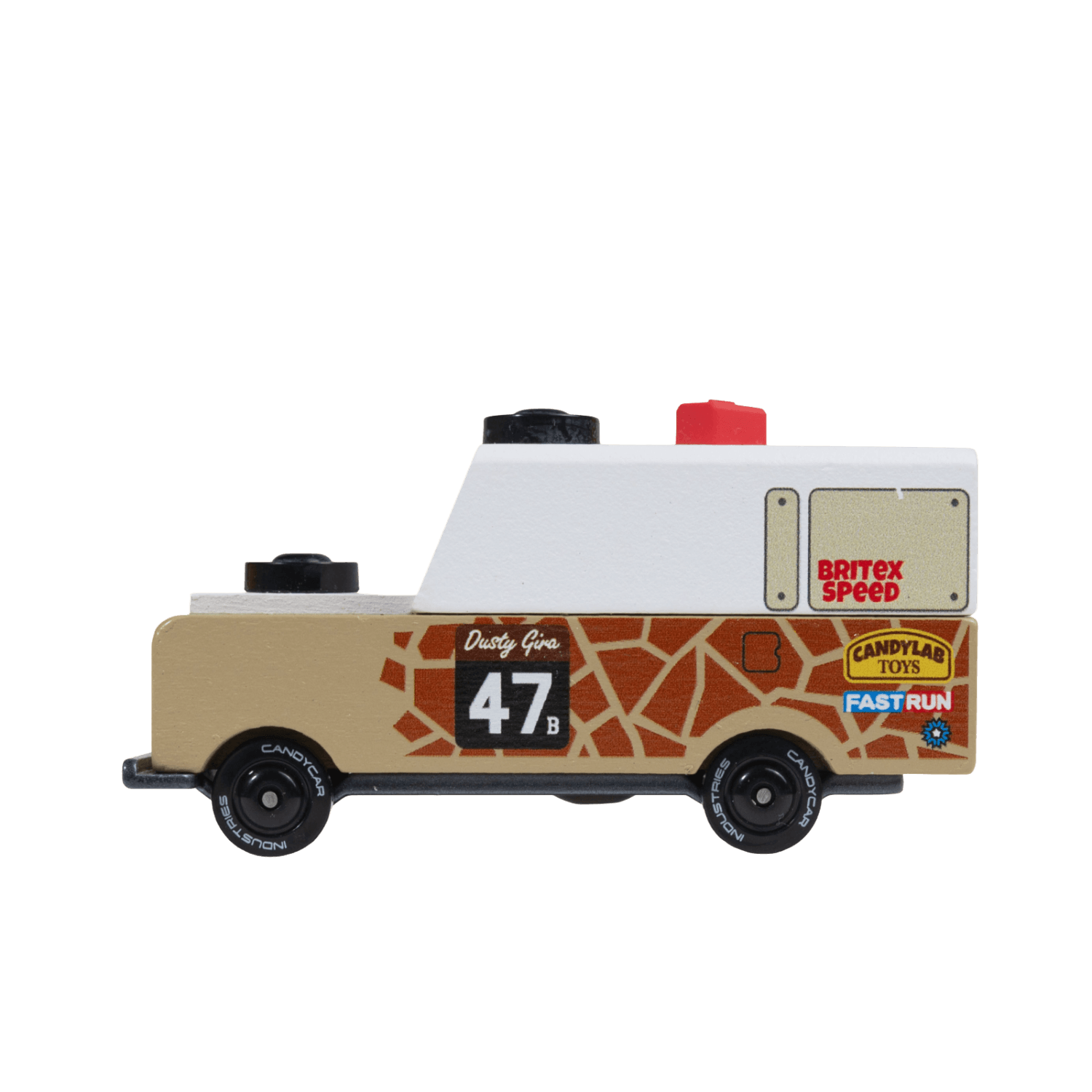 Toy truck with racing decals