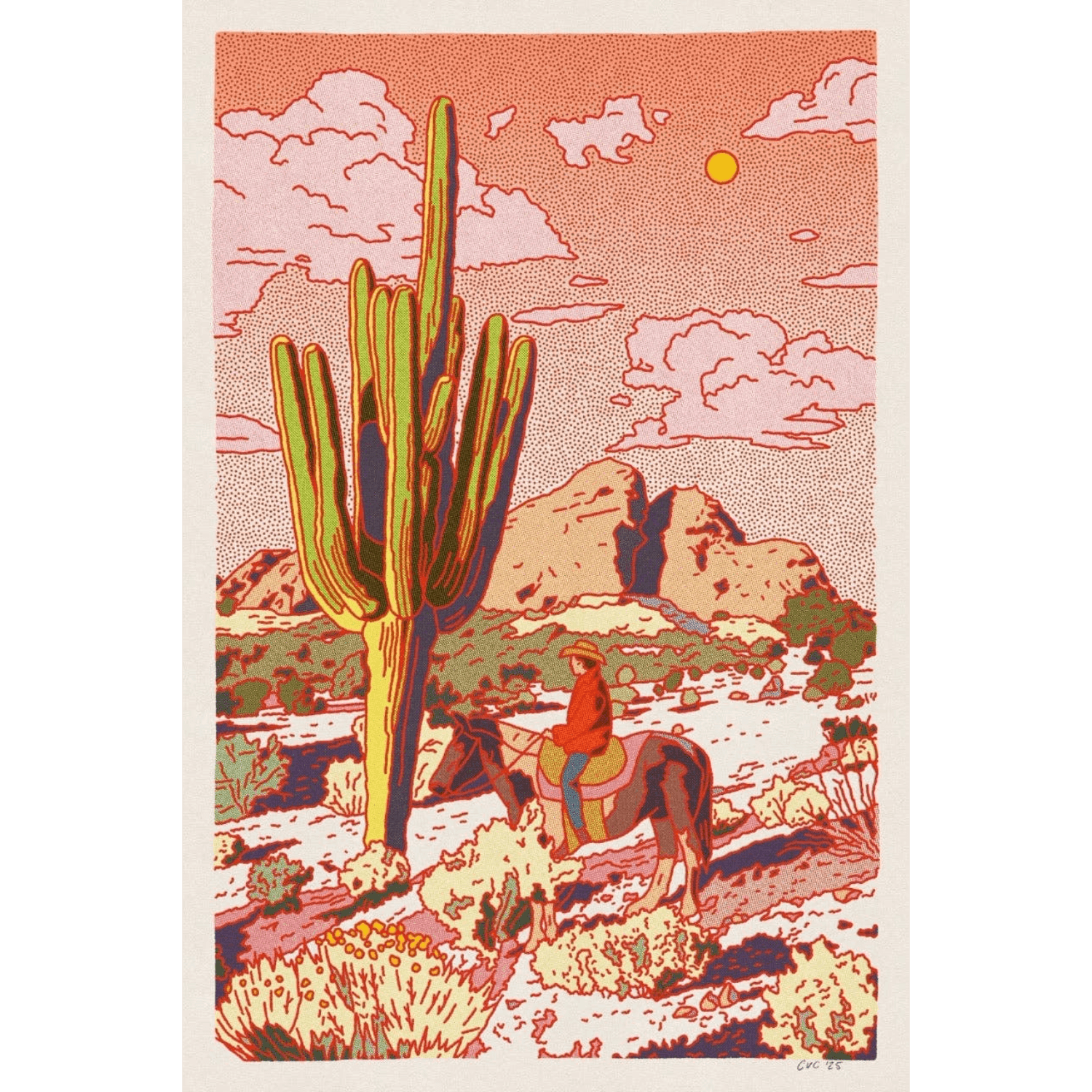 Colorful illustration of a desert scene with a cactus, mountains, and a person on horseback.