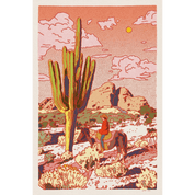 Colorful illustration of a desert scene with a cactus, mountains, and a person on horseback.
