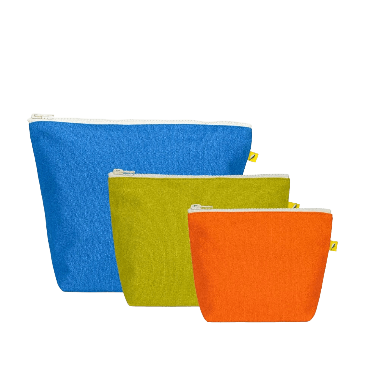 Set of three colorful zip pouches (blue, green, orange).