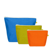 Set of three colorful zip pouches (blue, green, orange).