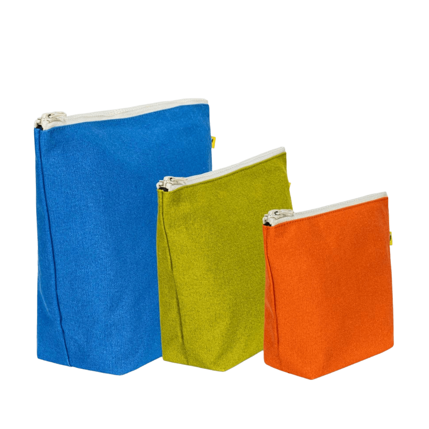 Set of three colorful zip pouches (blue, green, orange).
