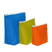 Set of three colorful zip pouches (blue, green, orange).