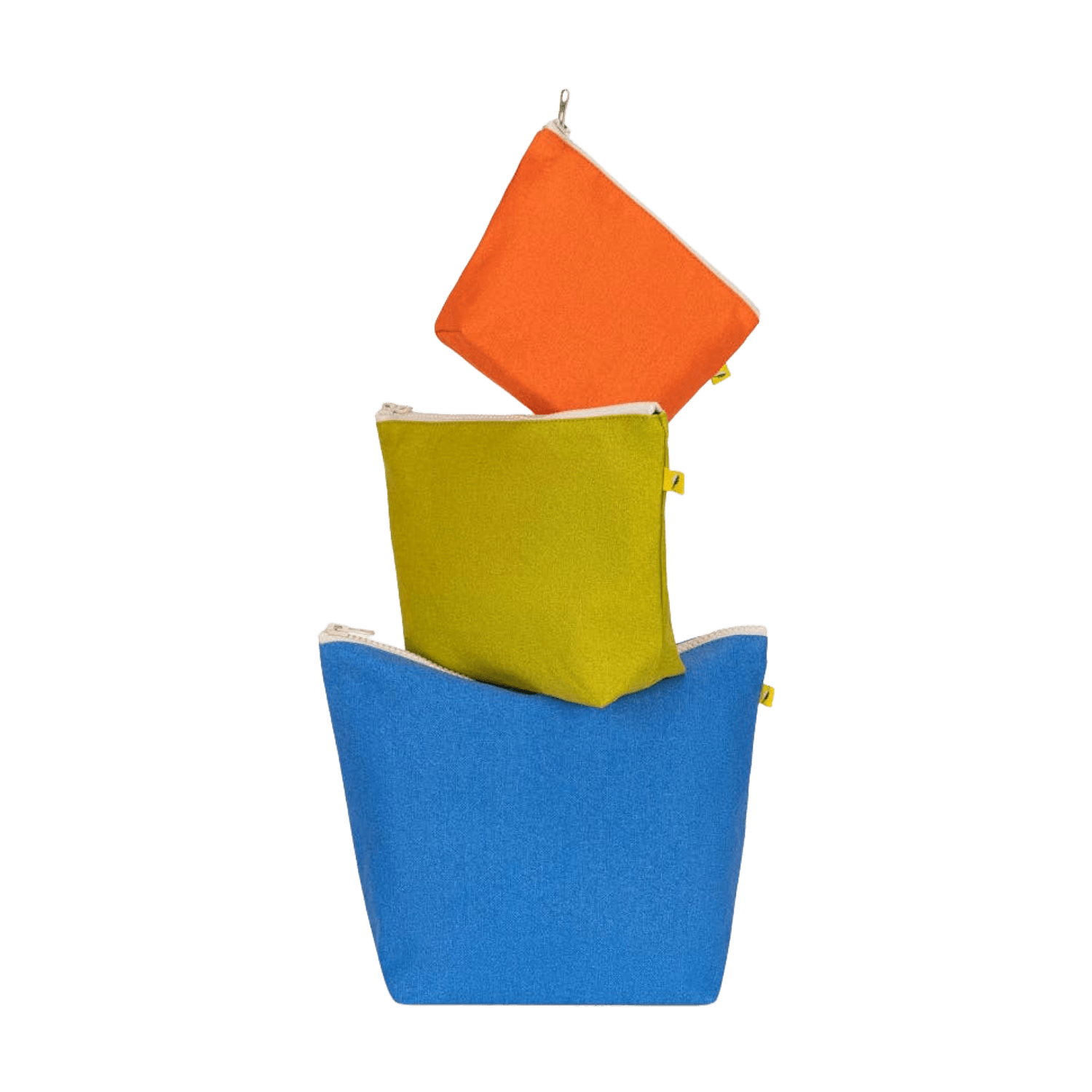 Stack of three colorful zip pouches in blue, green, and orange.