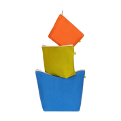 Stack of three colorful zip pouches in blue, green, and orange.