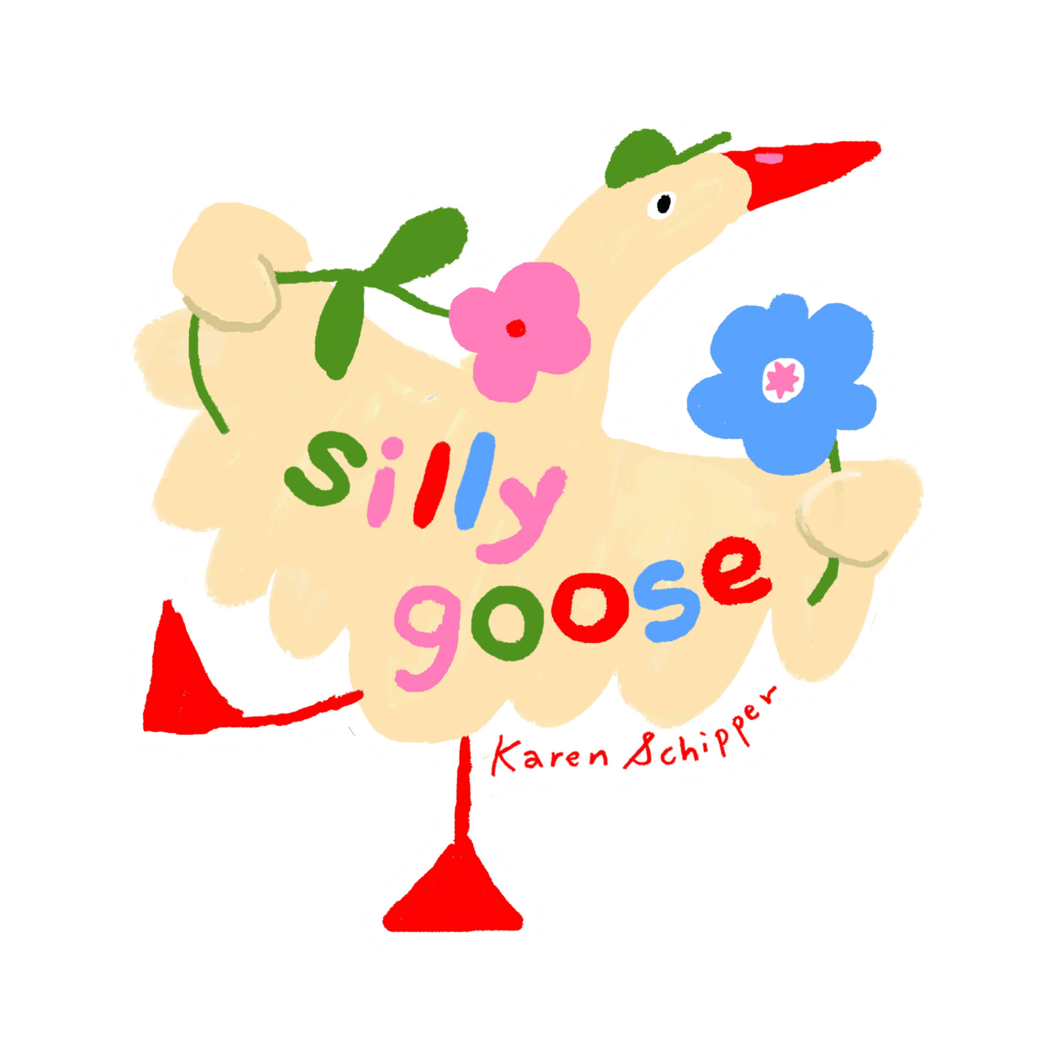 Cartoon goose with flowers and 'Silly Goose' text
