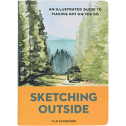 Book cover of 'Sketching Outside' by Tilo Schneider with a illustration of a van on a road surrounded by trees.